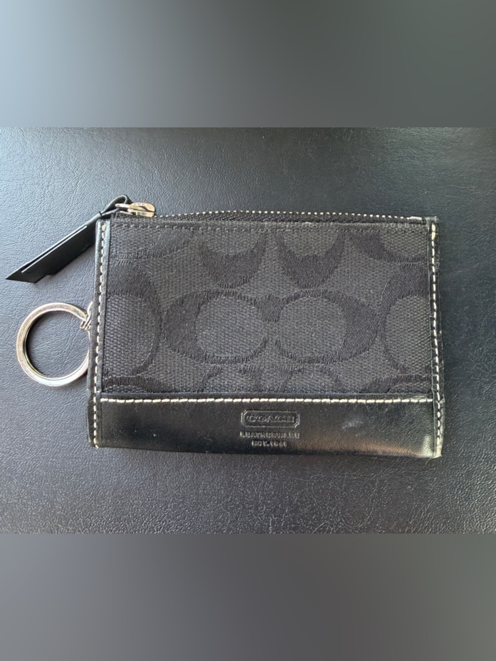 Coach Signature Monogram Zip Card Holder Wallet Leather Trim Black Y2K